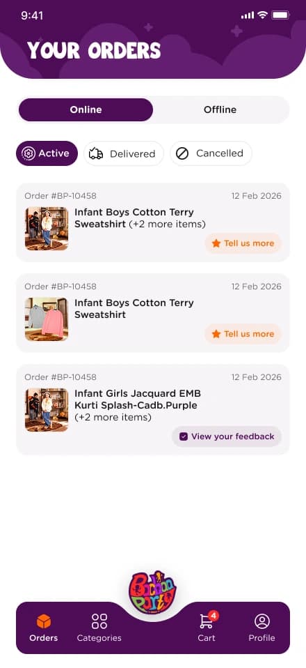 Order history and status, filterable, with reorder one tap away