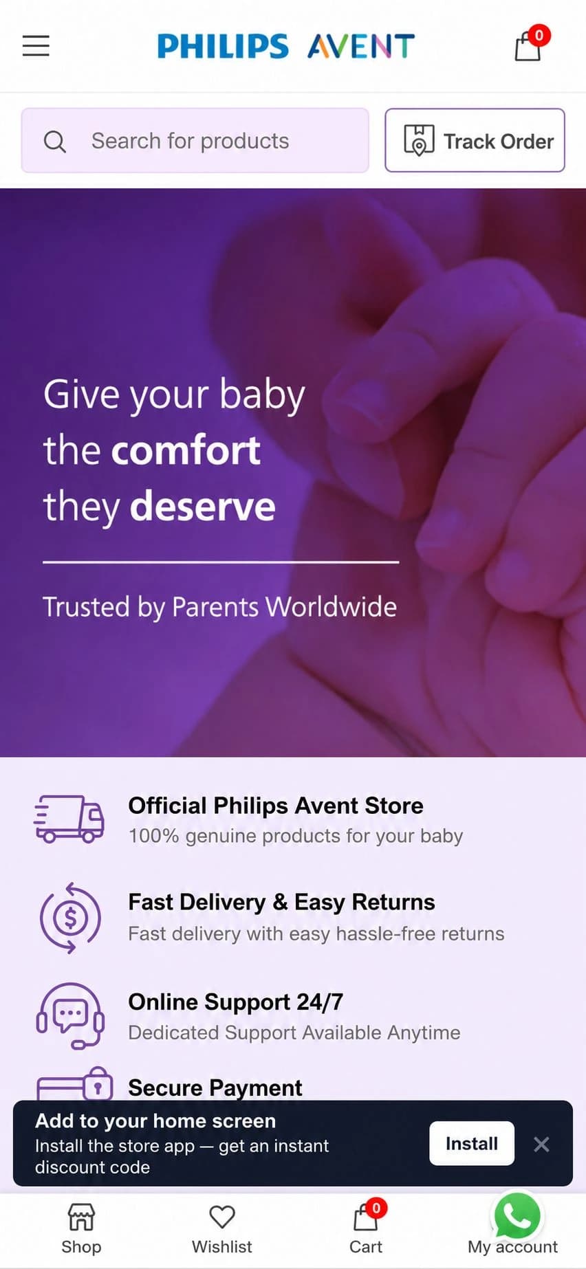 A Shopify storefront with the Dockify install banner prompting a home screen install