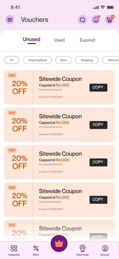 Every active discount in one place, ready to apply at checkout